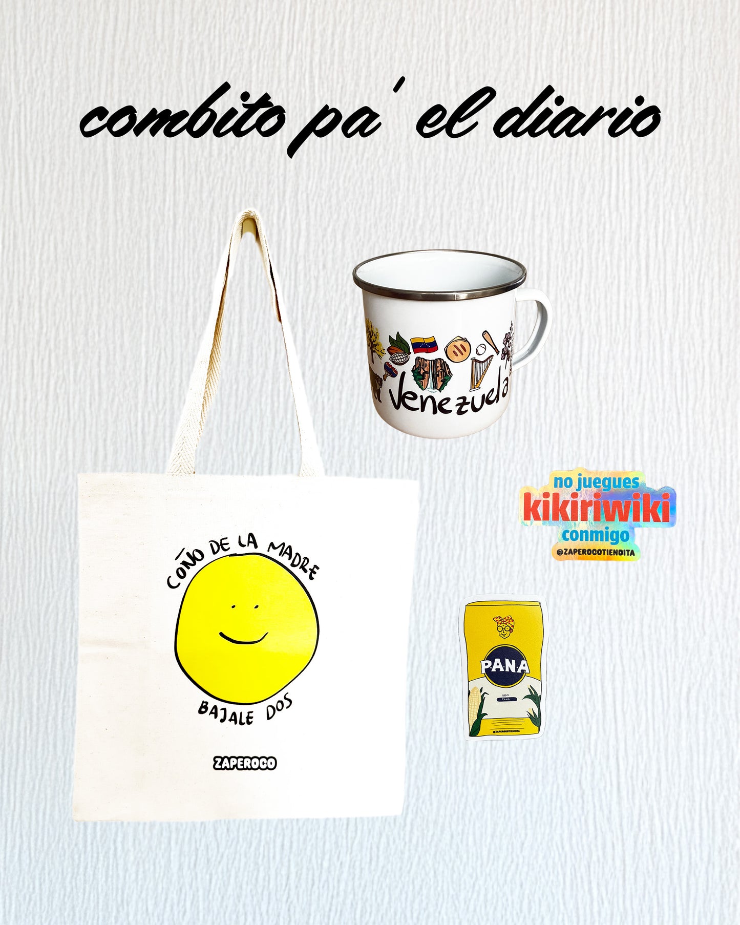 Combito pa' el diario - 1 Totebag + 1 Jarrito + 2 Stickers